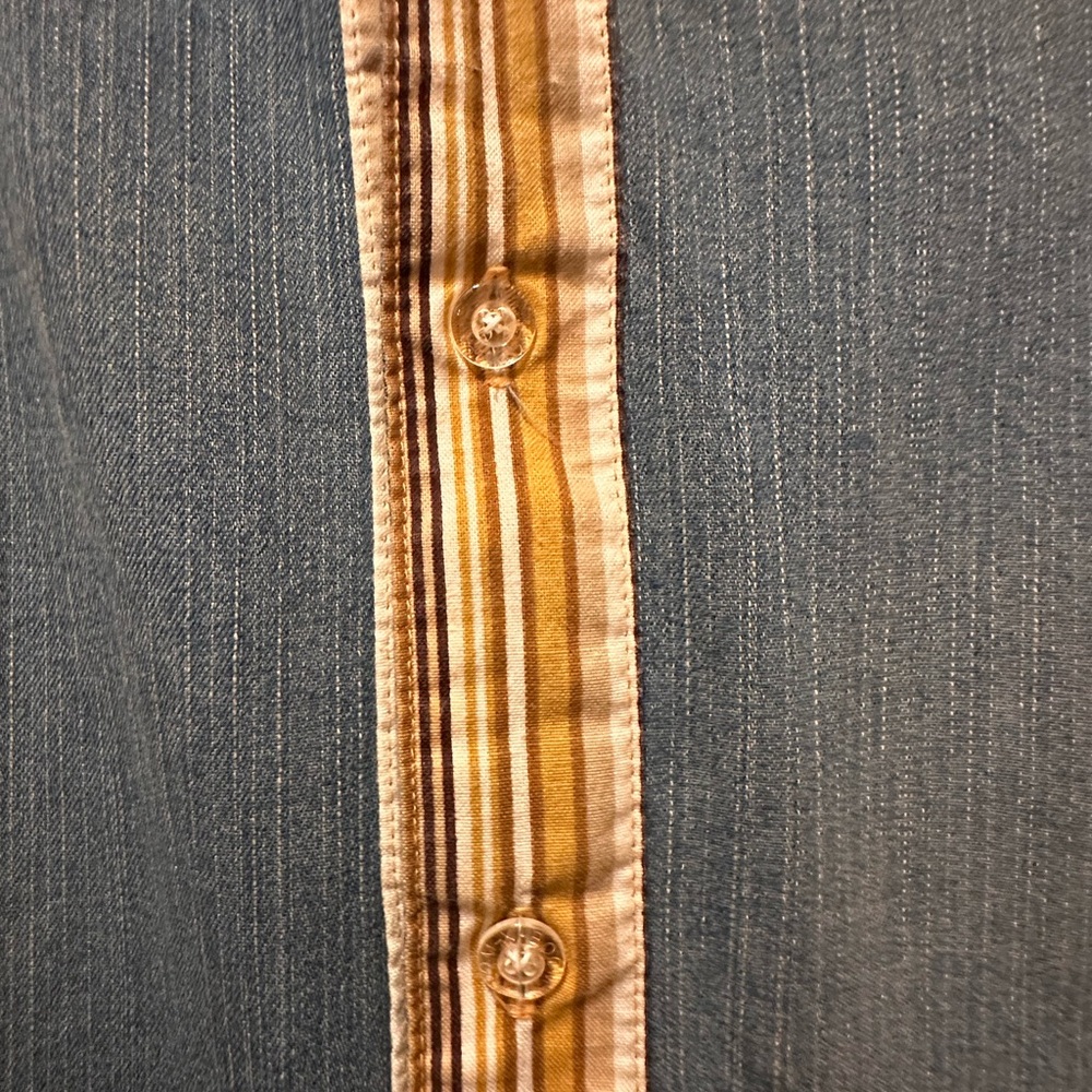Men's Two-Tone Denim and Yellow Striped Button-Up Shirt - Picture 3 of 5